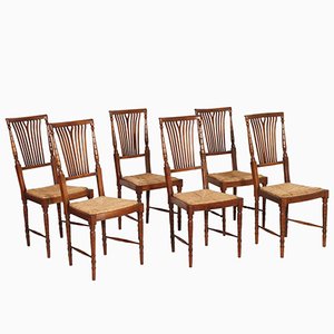 Mid-Century Walnut & Straw Chiavari Chairs, Set of 6