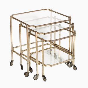 Silvered Brass Rolling Nesting Tables, 1930s, Set of 3