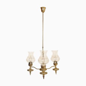 Art Deco Golden Brass and Murano Glass Chandelier with Three Lights, 1930s