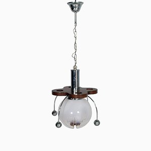 Lámpara colgante italiana de cristal de Murano, madera y metal cromado de Mazzega, años 60