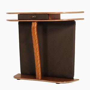 Mid-Century Cherry Wood and Brown Leather Console Table