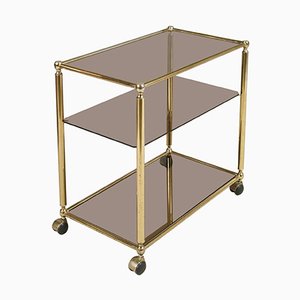 Brass Bar Cart with Three Shelves in Crystal Fumè, 1970s