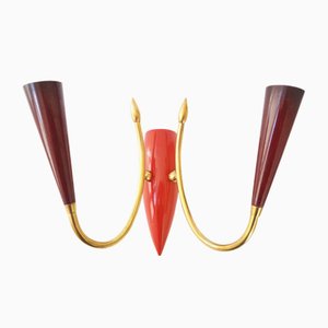 Mid-Century French Red Brass, Cast Iron & Plastic Wall Light, 1950s