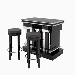 Art Deco Bar and Stools with Piano Lacquer, Set of 3