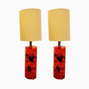 Lampade da tavolo in resina rossa ed ottone, anni '70, set di 2