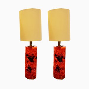 Red Fractal Resin Table Lamps on Brass Stands, 1970s, Set of 2