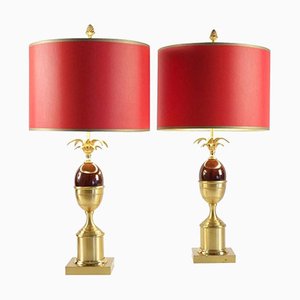 Brass & Red Resin Table Lamps, 1960s, Set of 2