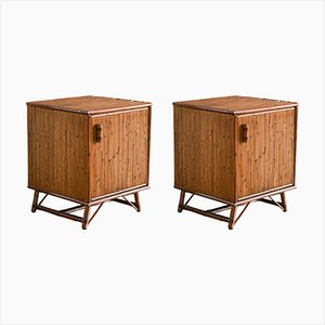 Large Bamboo Bedside Tables with Leather Bindings, Set of 2