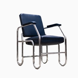 Bauhaus Blue Leather & Tubular Steel Armchair with Adjustable Backrest, 1930