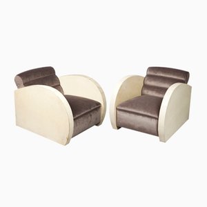 Set of Art Deco Parchment & Velvet Armchairs, 1940s