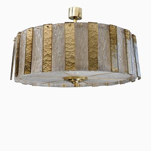 Circular Brass Chandelier with Murano Glass Panels by Glustin Creation