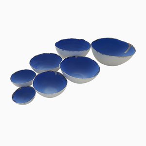 Fine Bone China Stoneware Nesting Bowls in Blue & White with Platinum Finish by Manos Kalamenios for Madebymanos, Set of 7