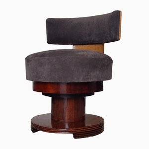 Art Deco Round Maple & Rosewood Side Chair with Nubuck Leather