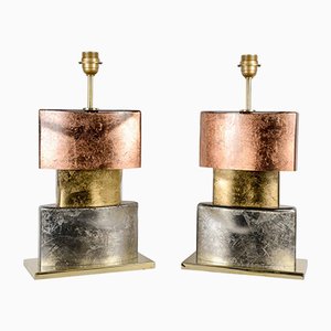 Pieds de Lampe de Bureau Vintage en Argent, Cuivre et Feuilles d'Or, Set de 2