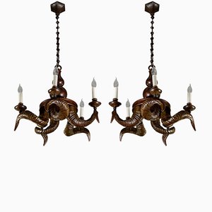 Lustre Vintage en Bronze avec des Cornes