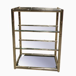 Etagere Mid-Century de vidrio y metal dorado en forma de bambú