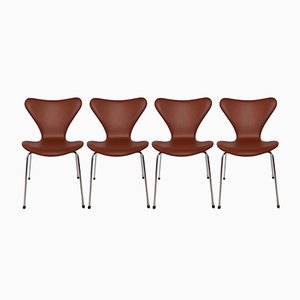 Modell 3107 Leder Stühle von Arne Jacobsen für Fritz Hansen, 1967, 4er Set