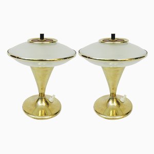 Mid-Century Table Lamps in Glass, Brass & Wood, Set of 2
