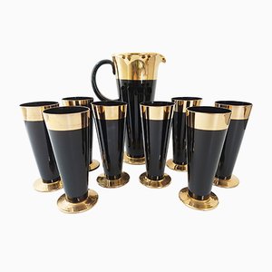 Mid-Century French Black & Golden Glass Pitcher & Glasses, 1950s, Set of 9