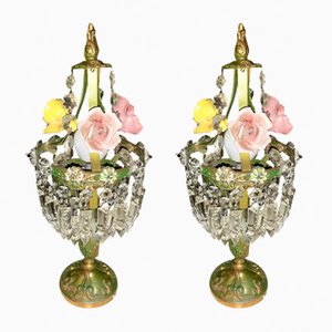 Vintage Tischlampen aus Kristallglas mit Porzellanblumen, 2er Set