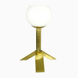 Lampada da tavolo tripode in vetro opalino e metallo, anni '70