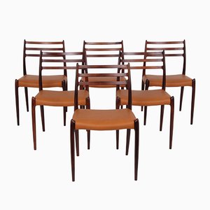 Rosewood & Leather Model JL78 Dining Chairs by Niels Otto Møller for J.L. Møllers, 1970s, Set of 6