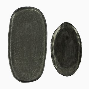 Stoneware Trays with Black Glaze by Christine Roland, Set of 2