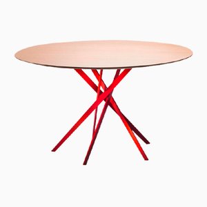 Table IKI avec Base Laquée Rouge et Plateau en Placage de Chêne par Marco Zanuso Jr. pour Adentro