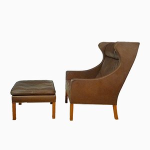 Leather Wingback 2204 Chair & 2202 Ottoman by Børge Mogensen for Fredericia, 1960s, Set of 2