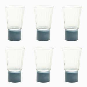 Drinking Glasses with Blue-Grey Bases, Moire Collection, Hand-Blown Glass by Atelier George, Set of 6