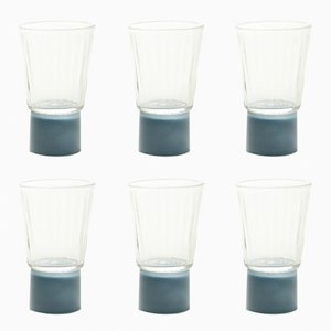 Vasos con bases en azul grisáceo Moire Collection de vidrio soplado a mano de Atelier George. Juego de 6