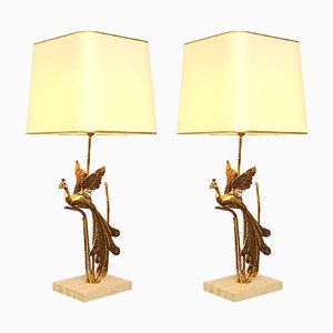 Lámpara de mesa Peacock vintage de metal dorado y travertino