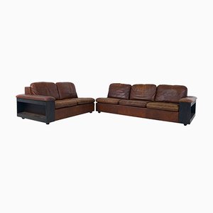 Leather Sofas with Bookcases, Set of 2