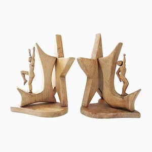 French Carved Oak Bookends by Johnny Ludecher, 1960s, Set of 2