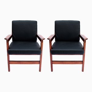 Danish Lounge Chairs in Polished Wood & Black Leather, 1960s, Set of 2