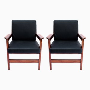 Set of Danish Lounge Chairs in Polished Wood & Black Leather, 1960s