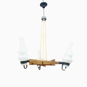 Teak and Brass Chandelier with Opal Glass Shades from Stilnovo, 1960s