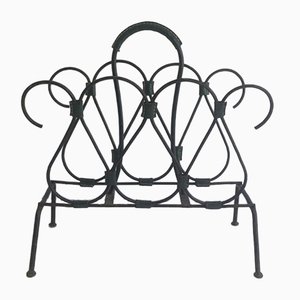 Black Lacquered Metal and Leather Magazine Rack, 1950s