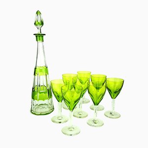 Art Deco Green Liquor Service Decanter and Glasses from Val Saint Lambert, 1930s, Set of 9