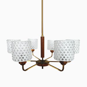 Mid-Century Scandinavian Brass, Copper, Teak & Glass Chandelier, 1960s