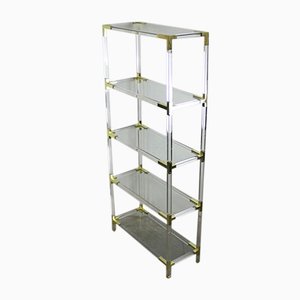 Gold Metal, Glass and Methacrylate Shelving Unit, 1970s