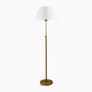 Swedish Brass & Rattan Floor Lamp, 1940s