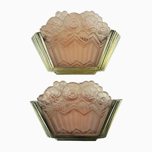 Art Deco Wall Sconces in Pink Pressed Glass from Noverdy, 1930s, Set of 2