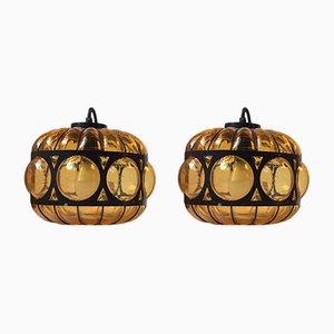 Vintage Caged Amber Glass Pendant Lamps, Set of 2