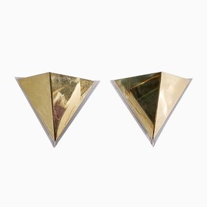 Italian Triangular Brass & Acrylic Glass Wall Sconces, 1980s, Set of 2