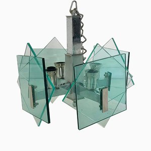 Chromed Metal & Aquamarine Glass 4-Light Chandelier, 1970s