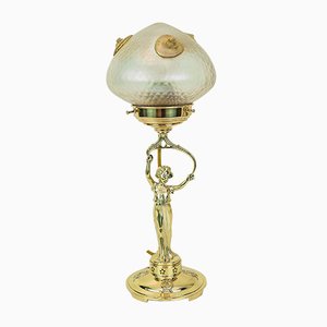 Tischlampe im Jugendstil mit Loetz Glasschirm, 1908