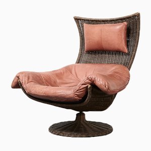 Fauteuil Pivotant en Cuir & en Rotin par Gerard vd Berg pour Montis, 1970s