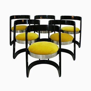 Black Lacquered Wood & Yellow Velvet Chairs by Willy Rizzo, 1970s, Set of 6