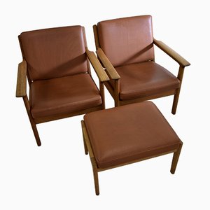Mid-Century Stool & 2 Lounge Chairs by Hans Wegner for Getama, 1950s, Set of 3